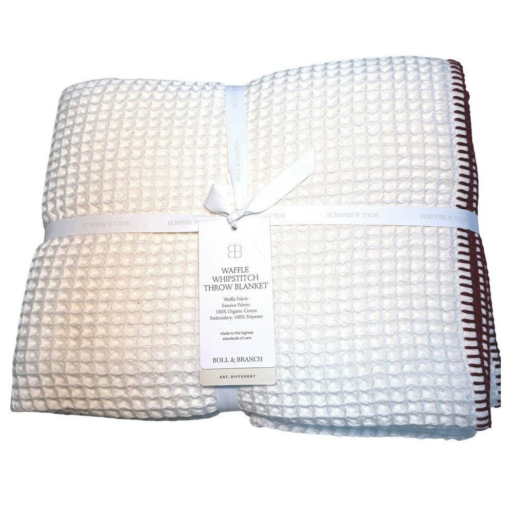 Boll & Branch Waffle Whipstitch Throw Blanket 100% Organic Cotton Cream Burgundy